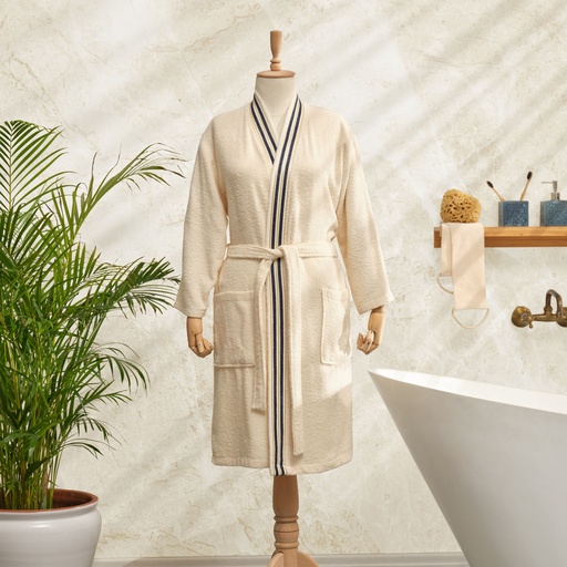 [200.21.01.0409] MINKA OFFWHITE/DARK BLUE SONIL 100% COTTON BATHROBE S/M