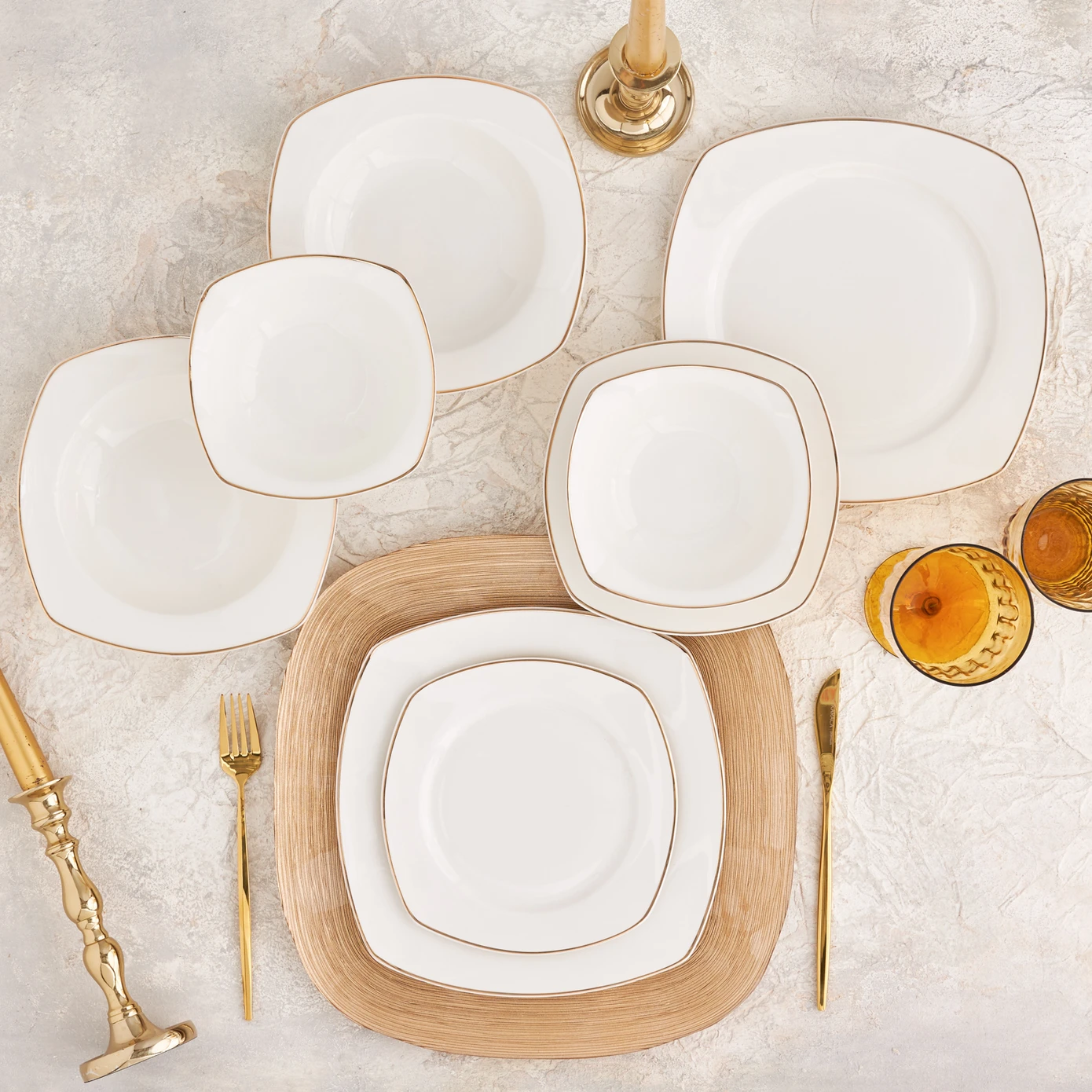 [153.03.06.5066] KARACA ADELIA 24PCS GOLD HALF SQUARE DINNER SET