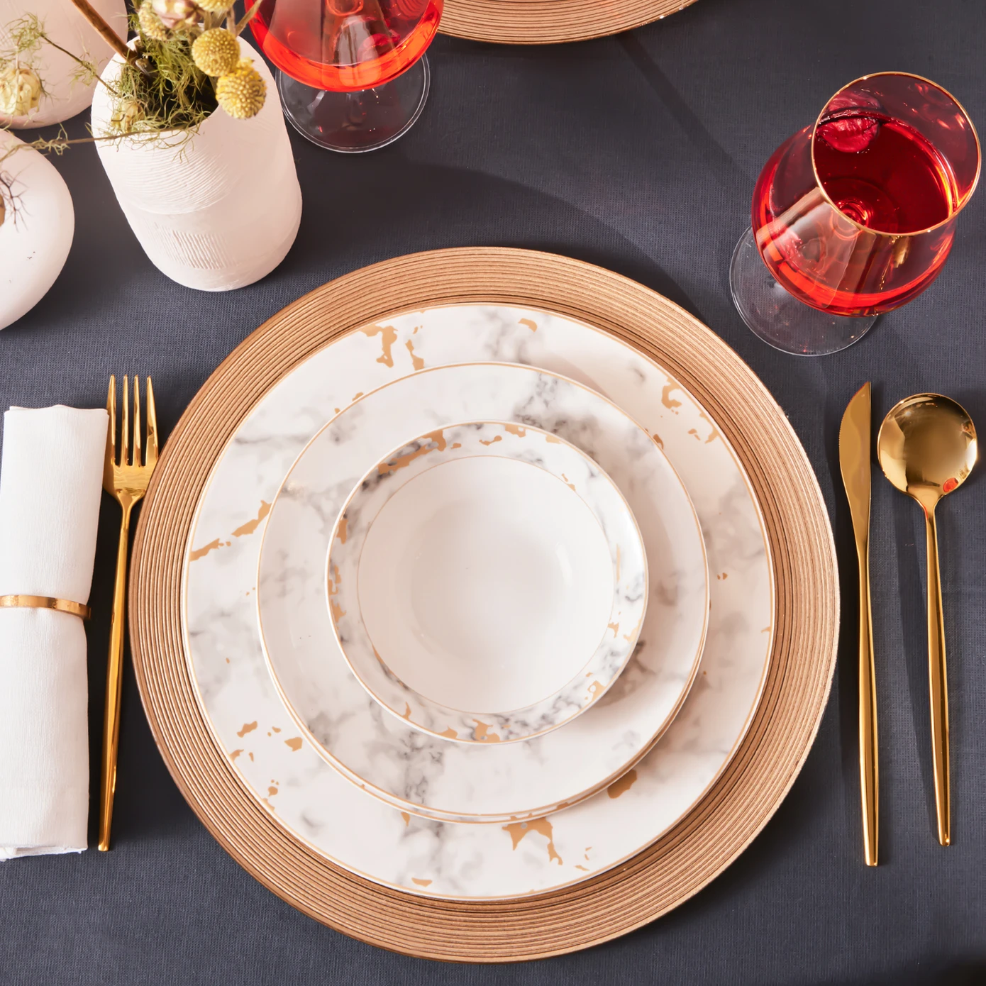[153.03.08.3411] KARACA MARBLE 24 PIECES PORCELAIN DINNER SET FOR 6 PEOPLE